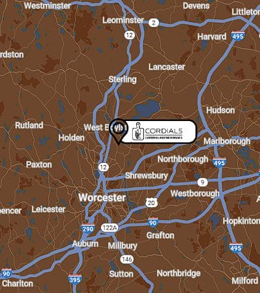 Map showing routes I-495, I-290, and I-90 near Worcester, Massachusetts, with a location pin for "Cordials, Liquors and Beverages" in West Boylston.