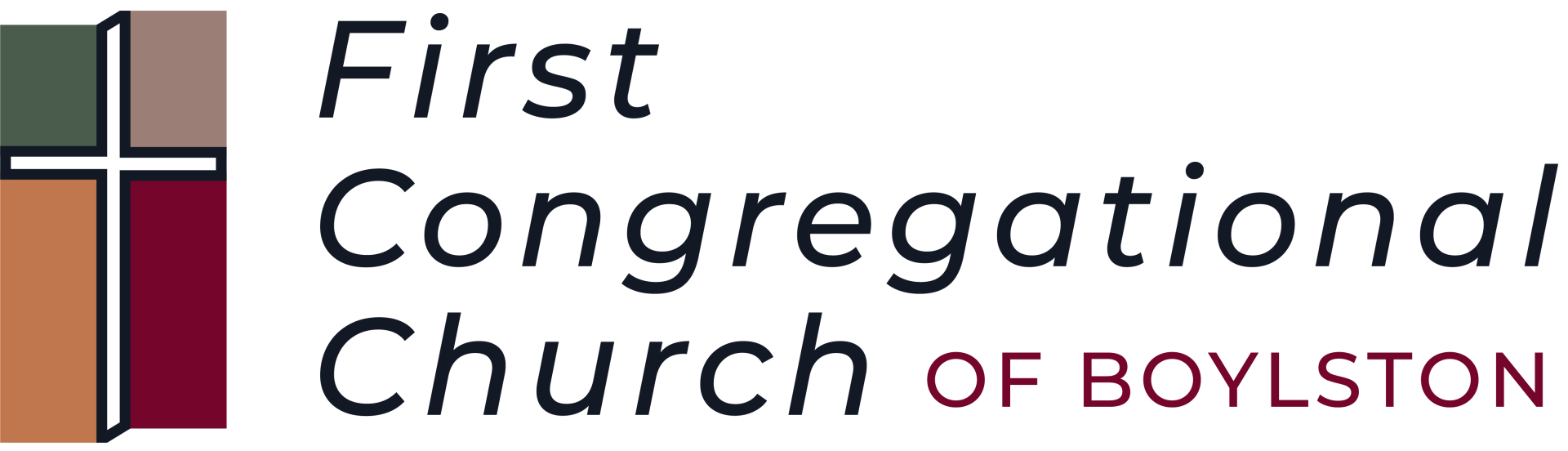 Logo for First Congregational Church of Boylston, with a cross on a four-color square and the church name in black and maroon text.