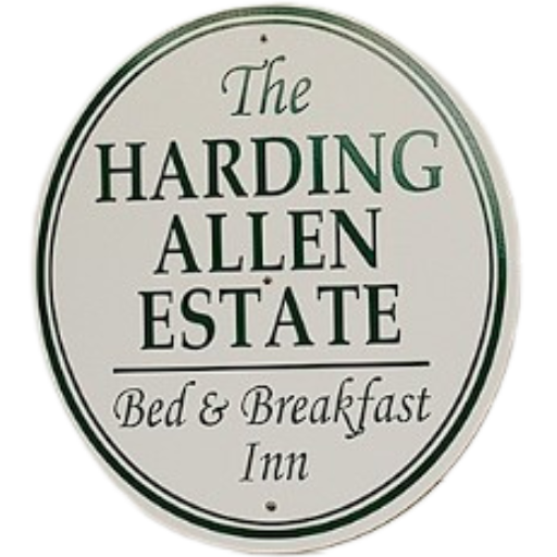 A round sign with green text reading "The Harding Allen Estate Bed & Breakfast Inn" on a white background with a green border.