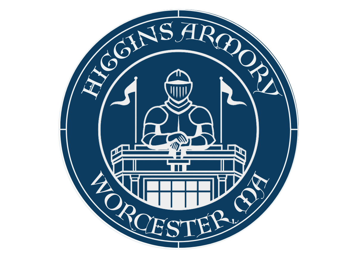 Blue and white circular logo for Higgins Armory, Worcester, MA, featuring a knight in armor above a building with two flags.