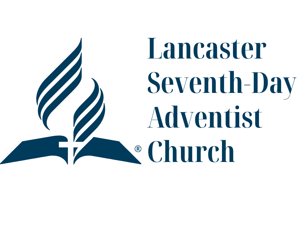 Lancaster Seventh-Day Adventist Church logo features a stylized flame, cross, and open Bible graphic beside the church name in blue text—perfect for event catering companies or anyone seeking inspiration for event branding.