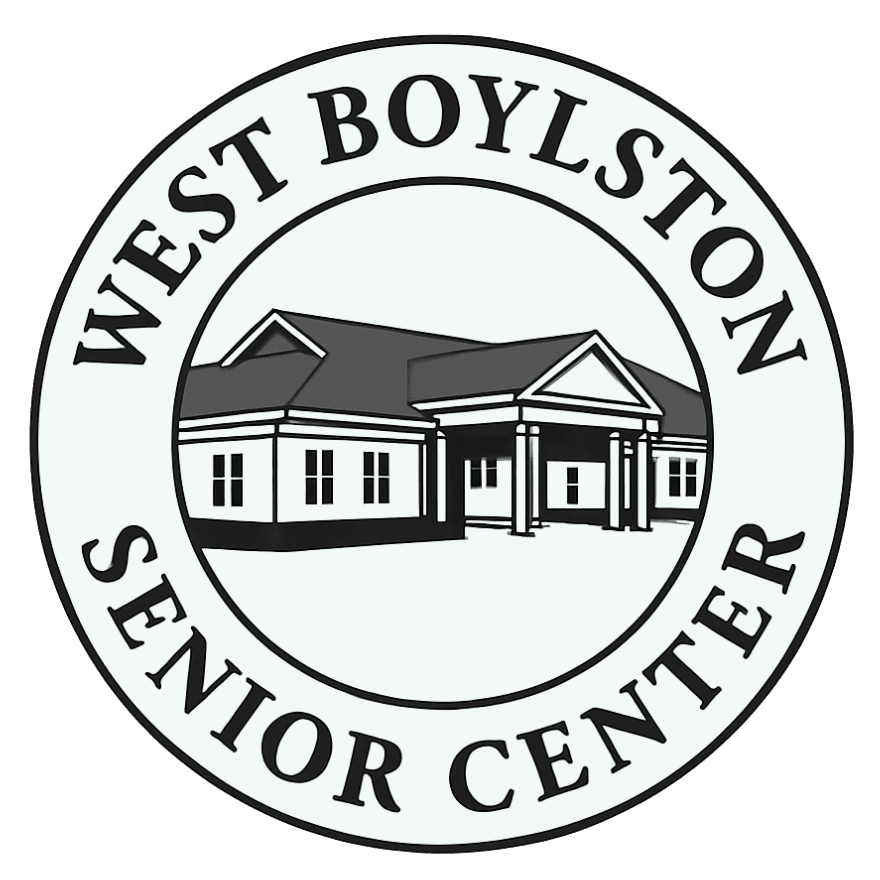 Logo for West Boylston Senior Center featuring an illustration of a building with a circular border containing the center’s name.