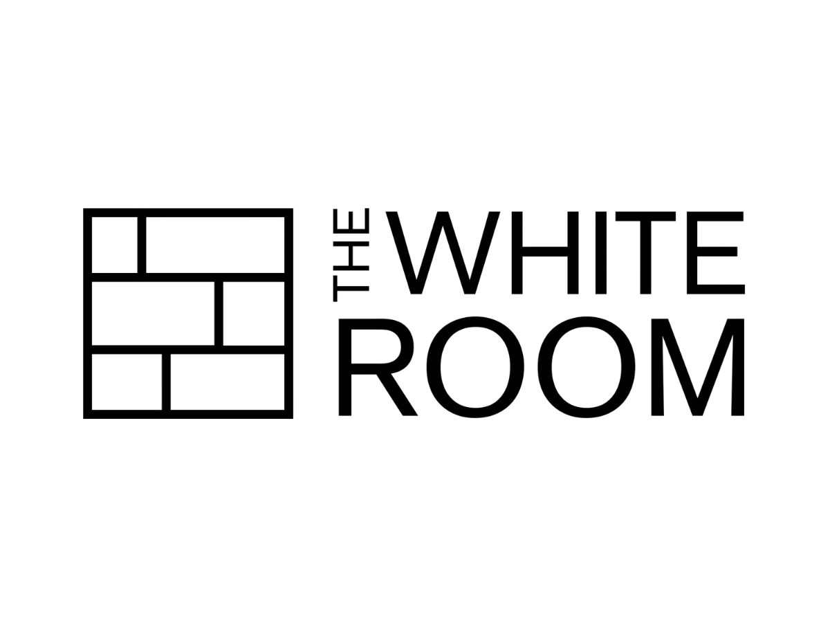 A black outlined geometric square and the words "THE WHITE ROOM" in bold black text on a white background.