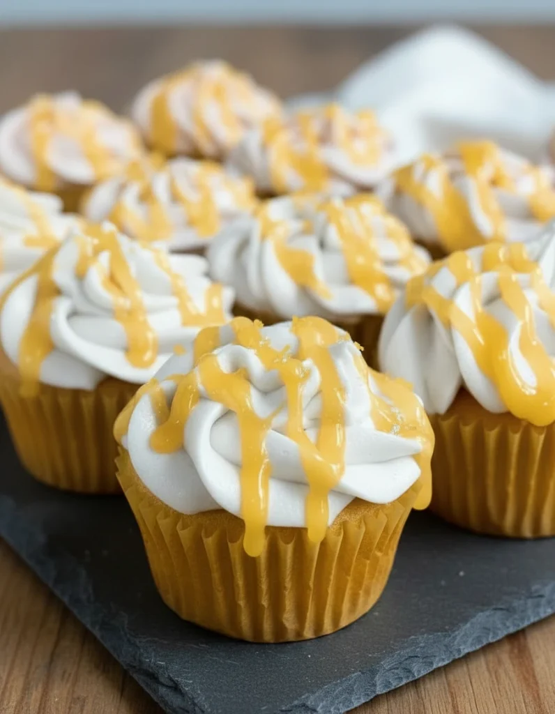 A group of cupcakes with white frosting and yellow sauce drizzle, arranged on a dark slate serving tray on a wooden surface.