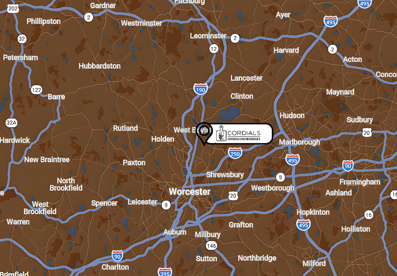 Map showing Worcester, Massachusetts and surrounding towns, highlighting the location of Cordials, a caterer in West Boylston. Major highways and roads are visible.